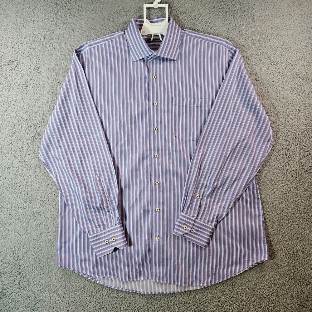 Peter Millar Shirt Men XL Button Up Long Sleeve Purple Blue Striped Cotton